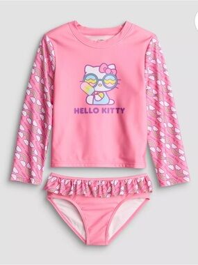 NWT Hello Kitty Sanrio Pink Long-Sleeve Rashguard Two-Piece Swimsuit Size 6 / 6X